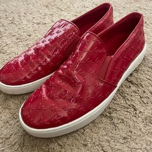 Michael Kors Red Monogram Rubber Patent Leather Slide Loafers